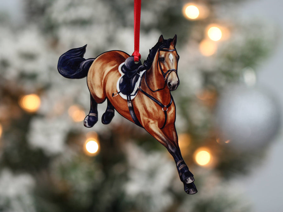 Bay hunter jumper horse Christmas ornament, laser-cut printed wood by Classy Equine