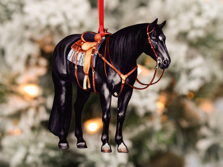 Black western ranch Quarter Horse Christmas ornament, laser-cut printed wood by Classy Equine