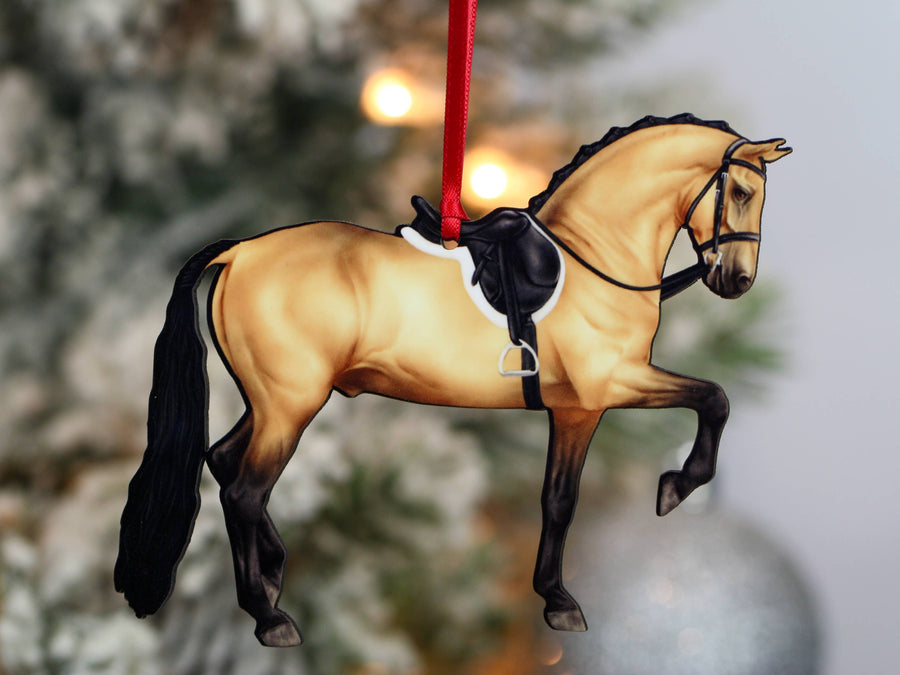 Buckskin Morgan horse Christmas ornament, laser-cut printed wood by Classy Equine