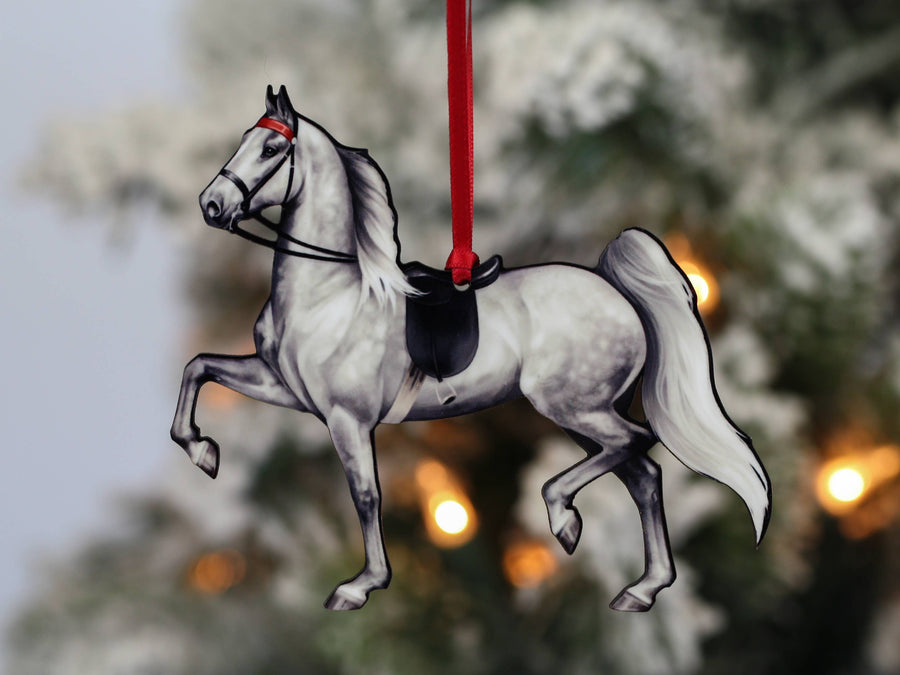 Gray Saddlebred saddle seat horse Christmas ornament, laser-cut printed wood by Classy Equine