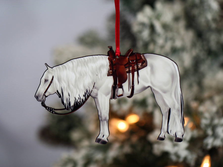 white light gray quarter horse western Christmas ornament, laser cut printed wood by Classy Equine