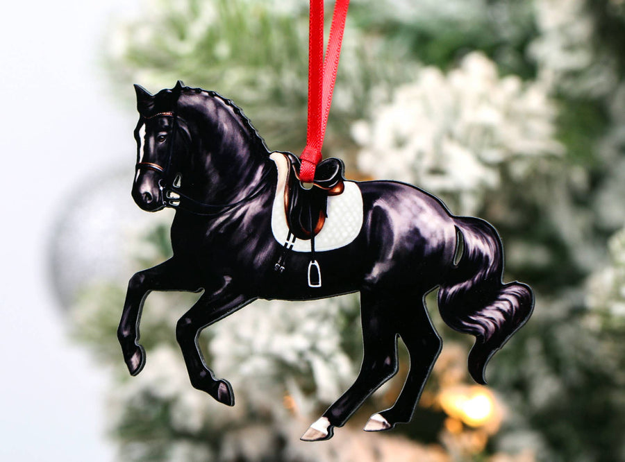 Black dressage sport horse pirouette Christmas ornament, laser-cut printed wood by Classy Equine