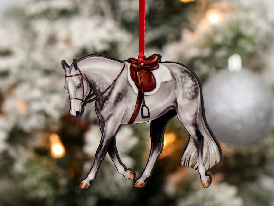 Gray hunter under saddle horse Christmas ornament, laser-cut printed wood by Classy Equine