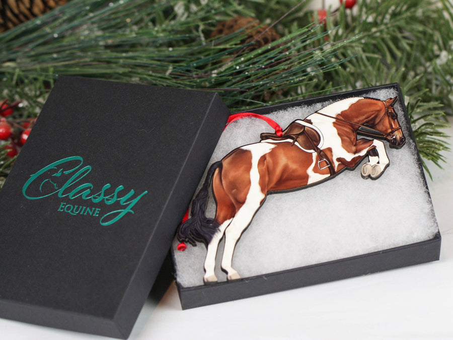 Bay tobiano hunter jumper horse Christmas ornament, laser-cut printed wood by Classy Equine