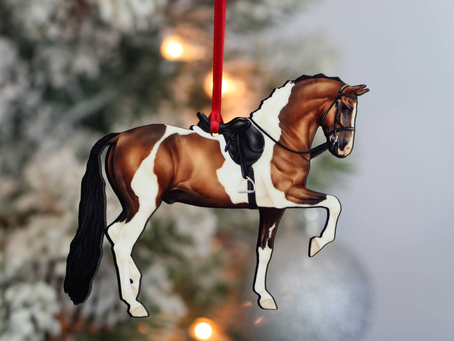 Bay tobiano Morgan horse Christmas ornament, laser-cut printed wood by Classy Equine
