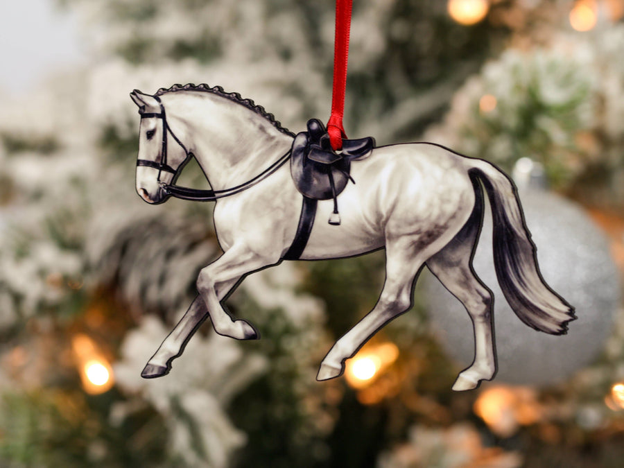Gray side saddle horse Christmas ornament, laser-cut printed wood by Classy Equine