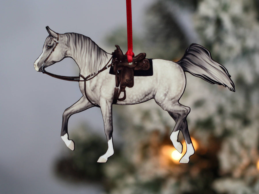 Dapple gray Arabian show horse Christmas ornament, laser-cut printed wood by Classy Equine