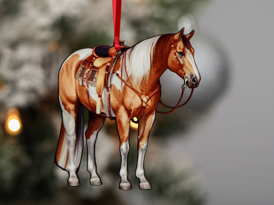Chestnut and white tobiano Western ranch Paint horse Christmas ornament, laser-cut printed wood by Classy Equine