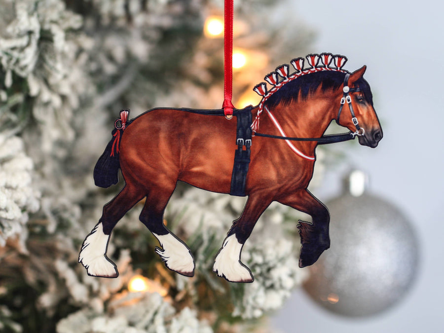 Bay Shire draft horse with white stockings Christmas ornament, laser-cut printed wood by Classy Equine