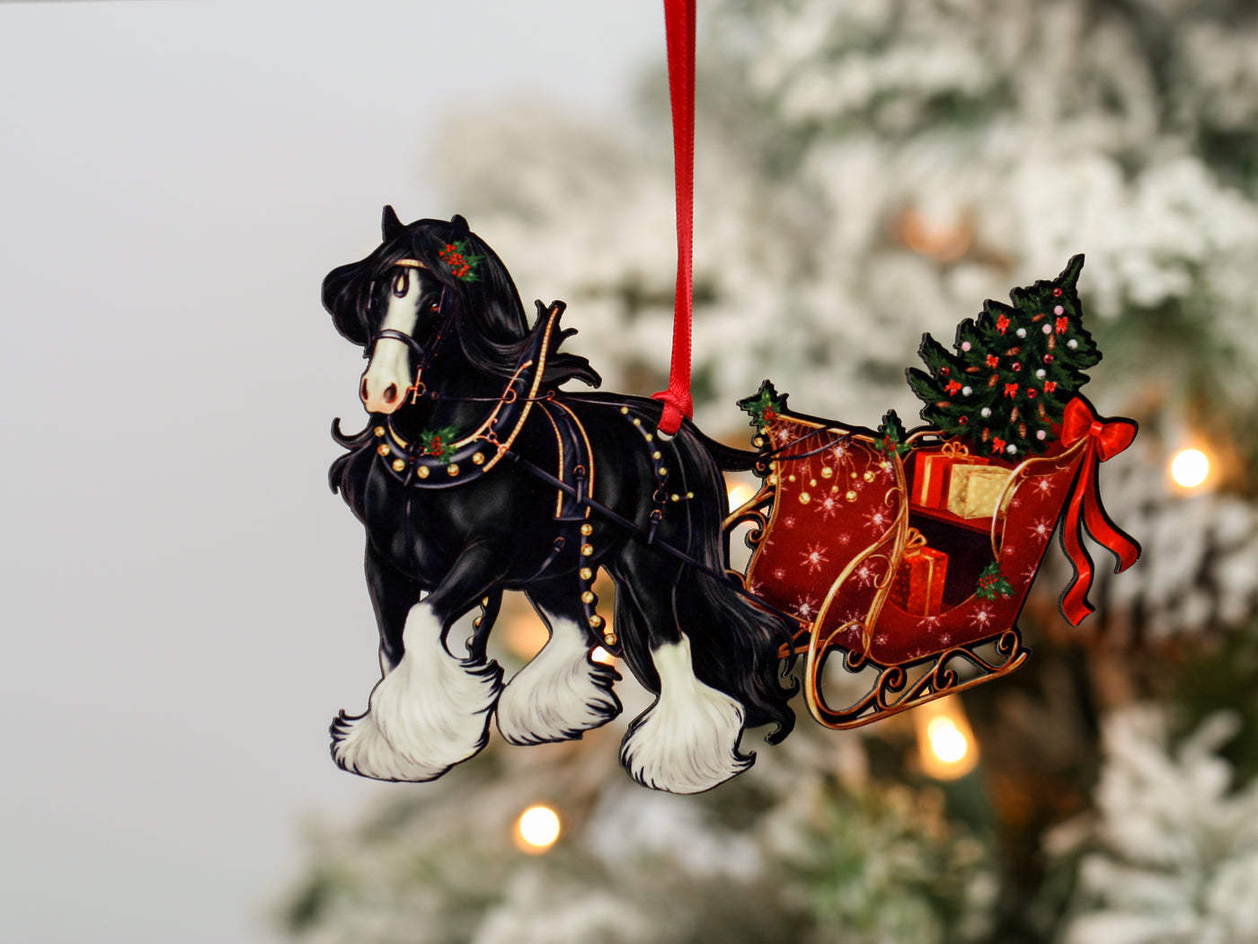 Black Gypsy Cob Horse Christmas Ornament - Gypsy Horse Sleigh
