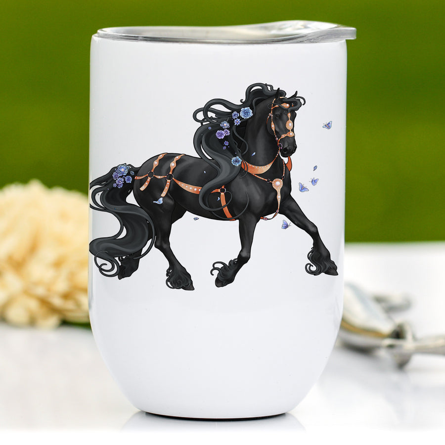 Friesian Horse Wine Tumbler - Blue Floral