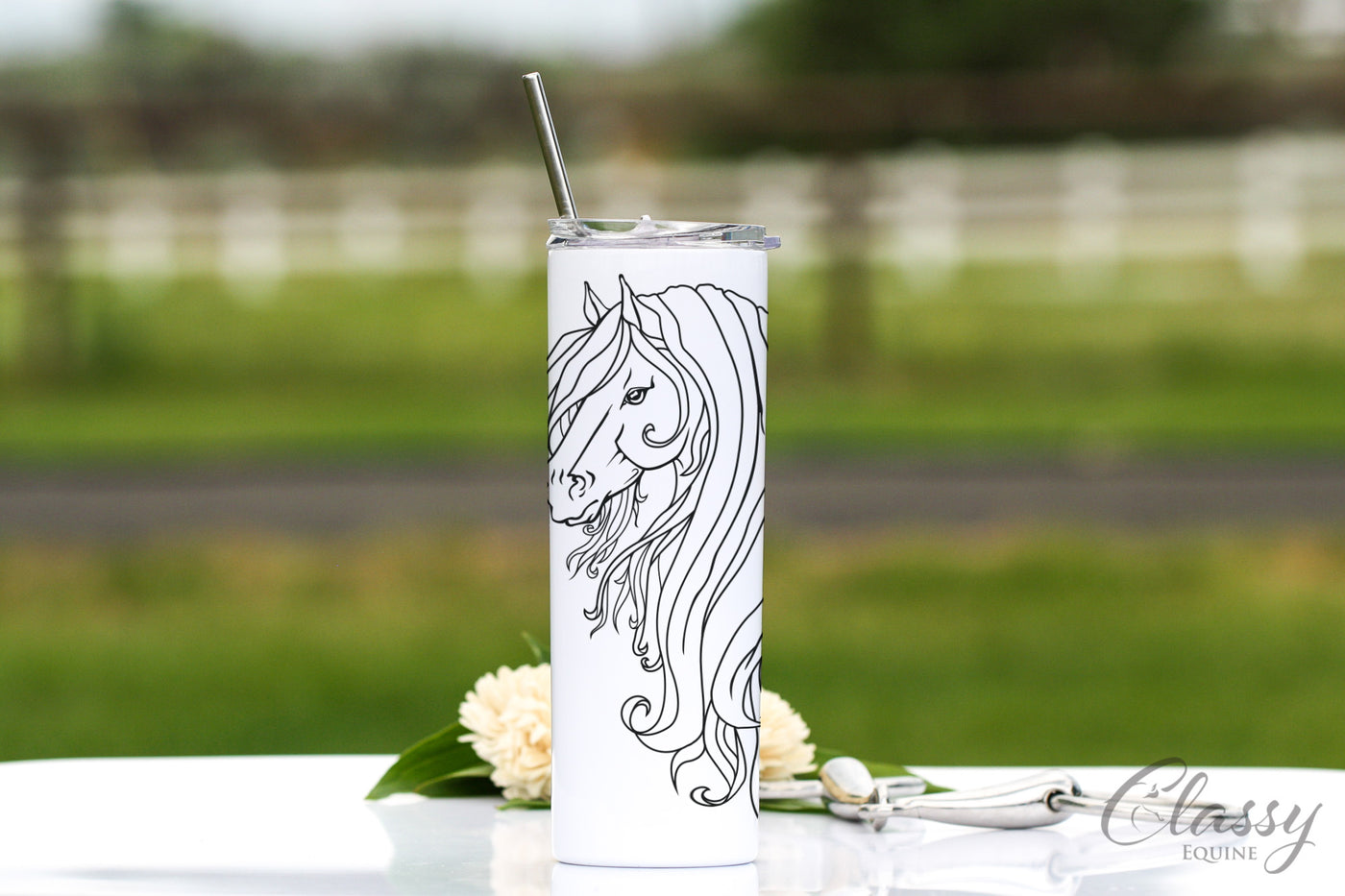 Strength Friesian Horse, 20 oz Skinny Tumbler with Straw