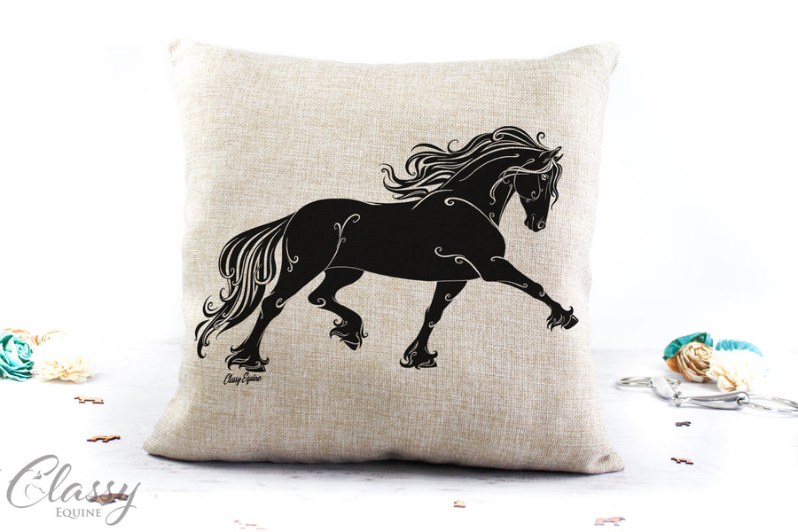 Friesian Horse Pillow Cover - Flowing Friesian Horse Extended Trot