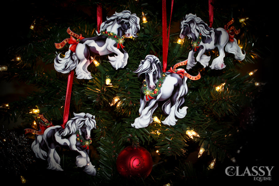 Gypsy Vanner Horse Christmas Ornaments - Full Set of Tobiano Gypsy Horses with Star