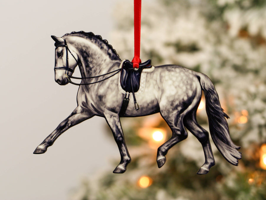 Dapple gray dressage horse Christmas ornament, laser-cut printed wood by Classy Equine