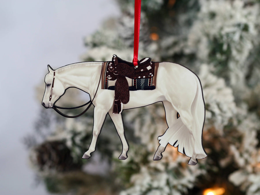 Gray and white western pleasure Quarter Horse Christmas ornament, laser-cut printed wood by Classy Equine