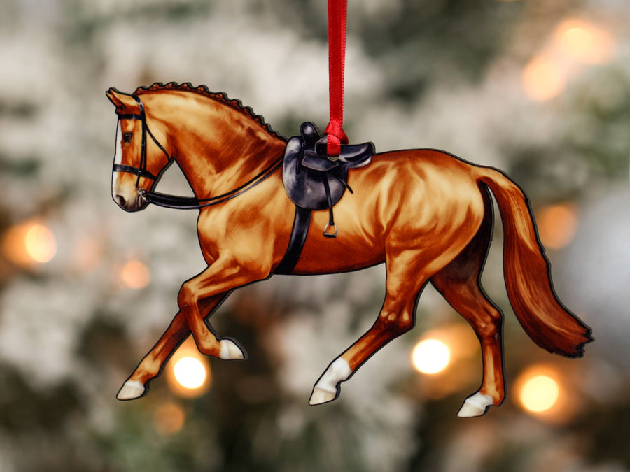 Chestnut sorrel side saddle horse Christmas ornament, laser-cut printed wood by Classy Equine