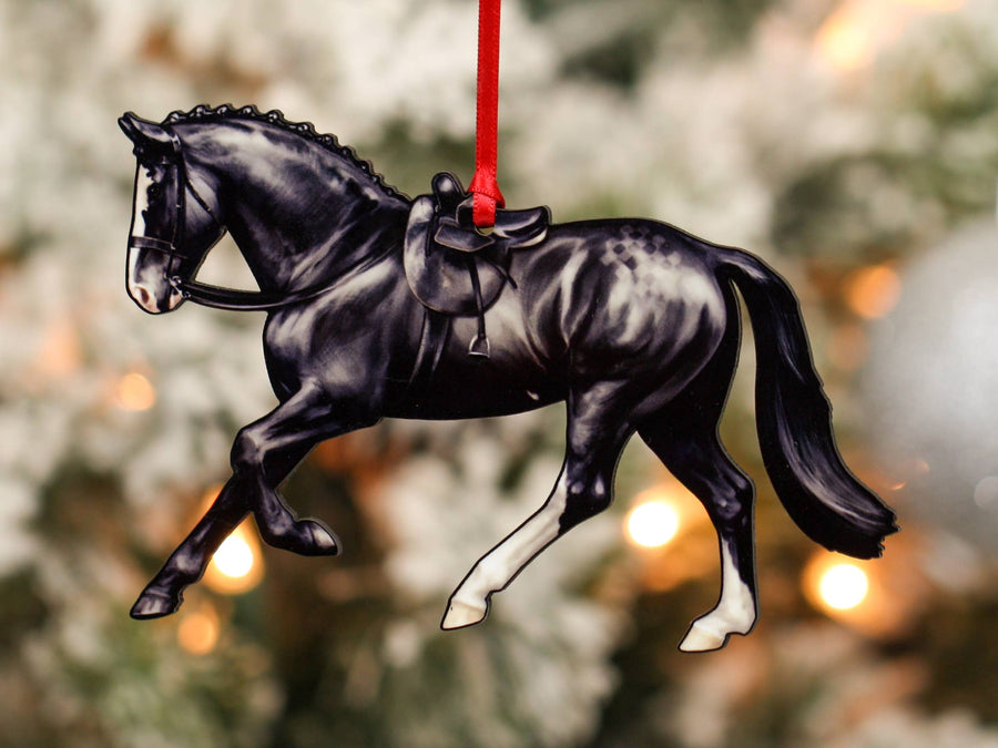 Black side saddle horse Christmas ornament, laser-cut printed wood by Classy Equine