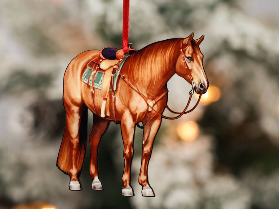 Chestnut Western ranch Quarter Horse Christmas ornament, laser-cut printed wood by Classy Equine