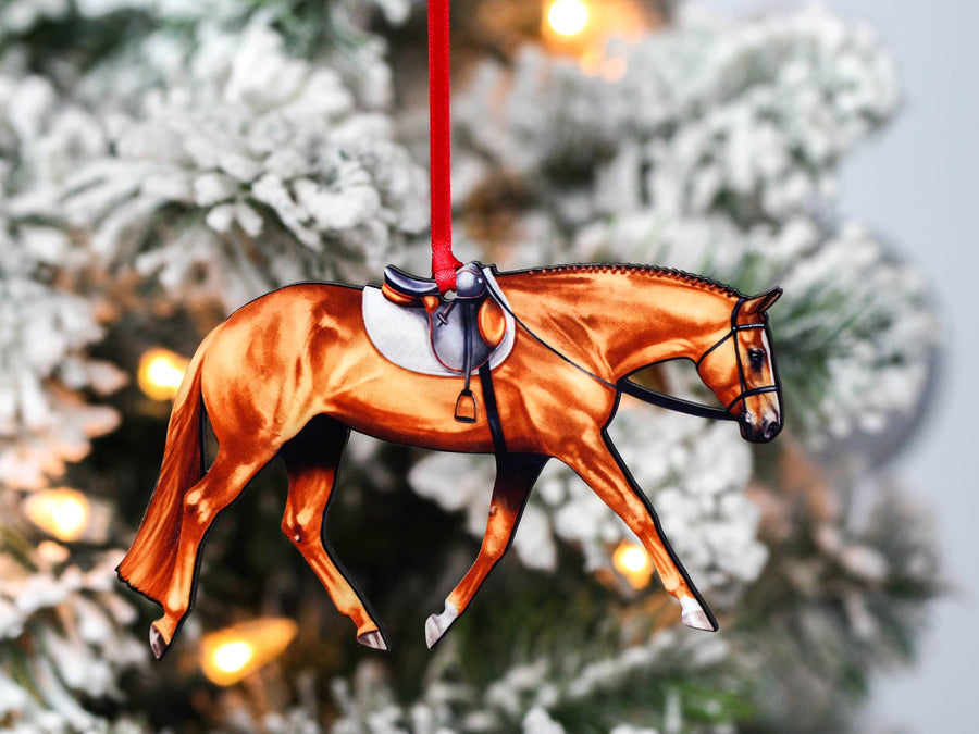 Chestnut Quarter Horse English pleasure Christmas ornament, laser-cut printed wood by Classy Equine