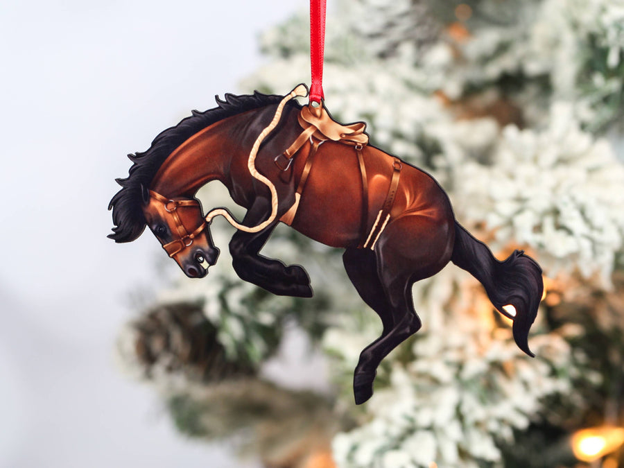 Bay rodeo bucking bronco horse Christmas ornament by Classy Equine