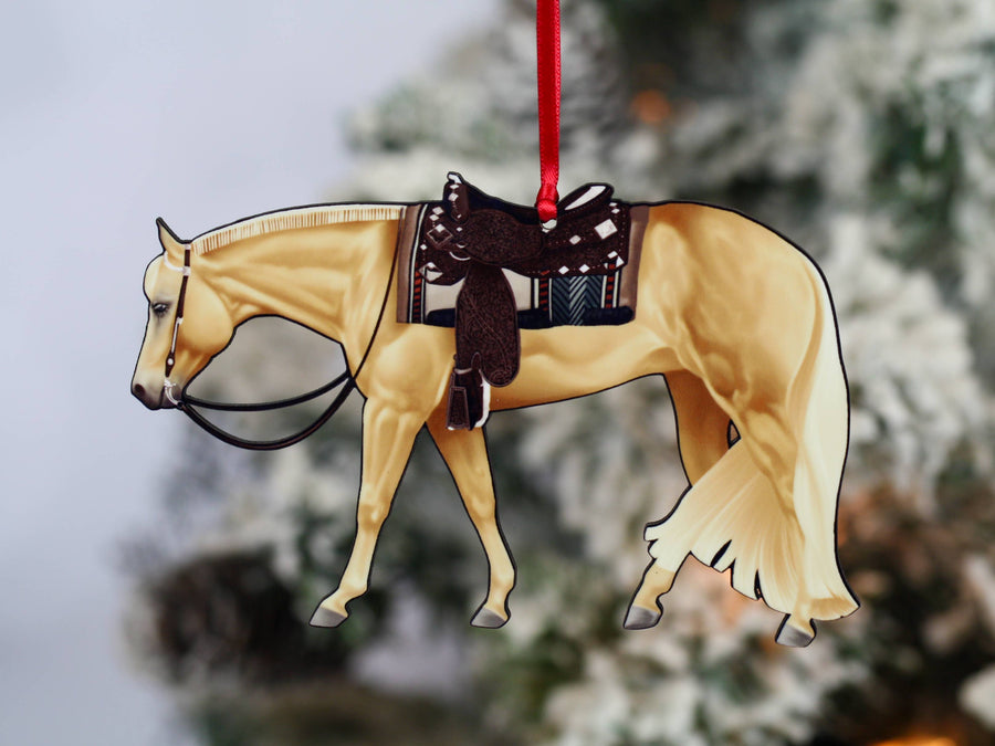Palomino western pleasure Quarter horse Christmas ornament, laser-cut printed wood by Classy Equine