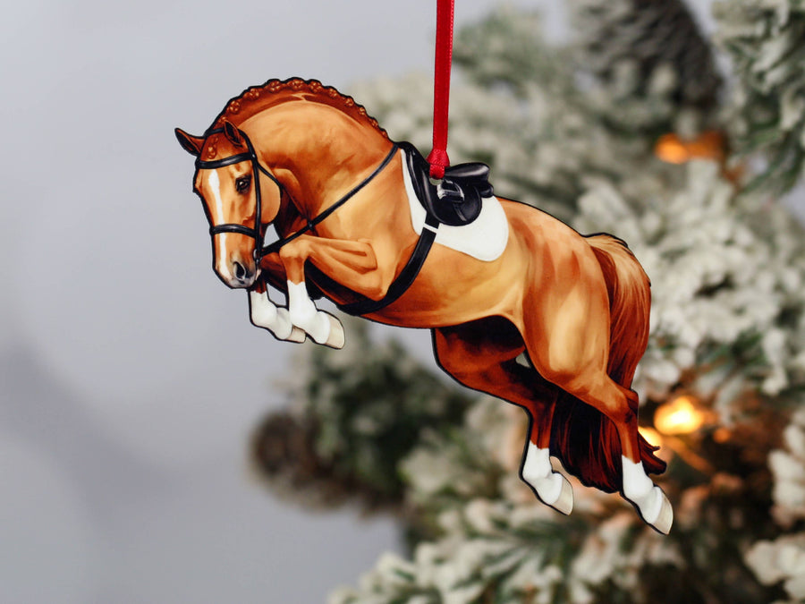 Chestnut hunter horse Christmas ornament, laser-cut printed wood by Classy Equine