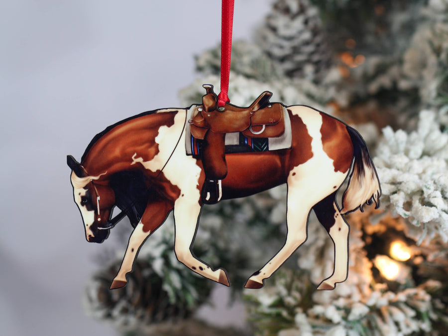 Bay tobiano western Paint horse Christmas ornament, laser-cut printed wood by Classy Equine