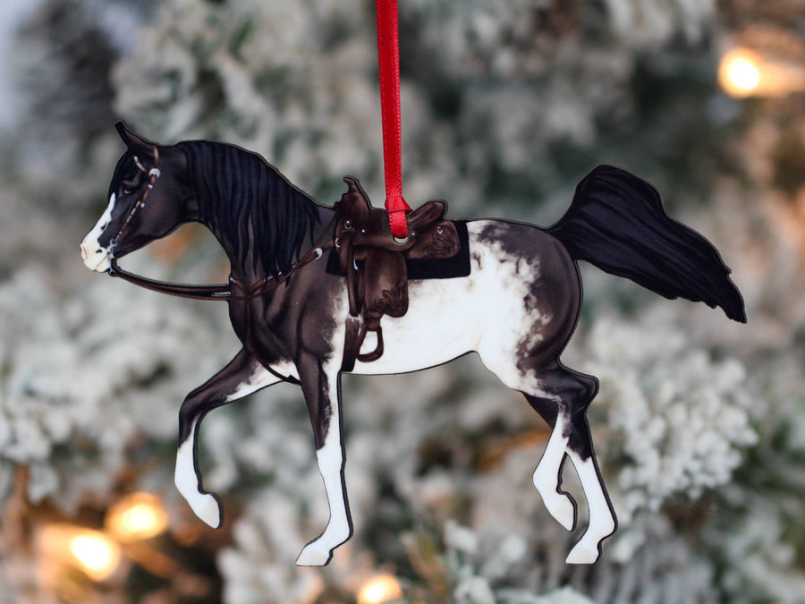 Roan rabicano western Arabian horse Christmas ornament, laser-cut printed wood by Classy Equine