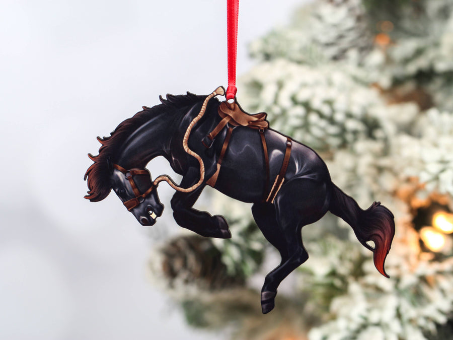 Black rodeo bucking bronco horse Christmas ornament by Classy Equine