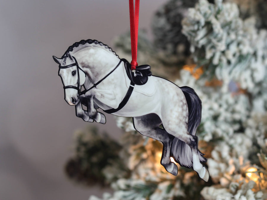 Gray hunter horse Christmas ornament, laser-cut printed wood by Classy Equine