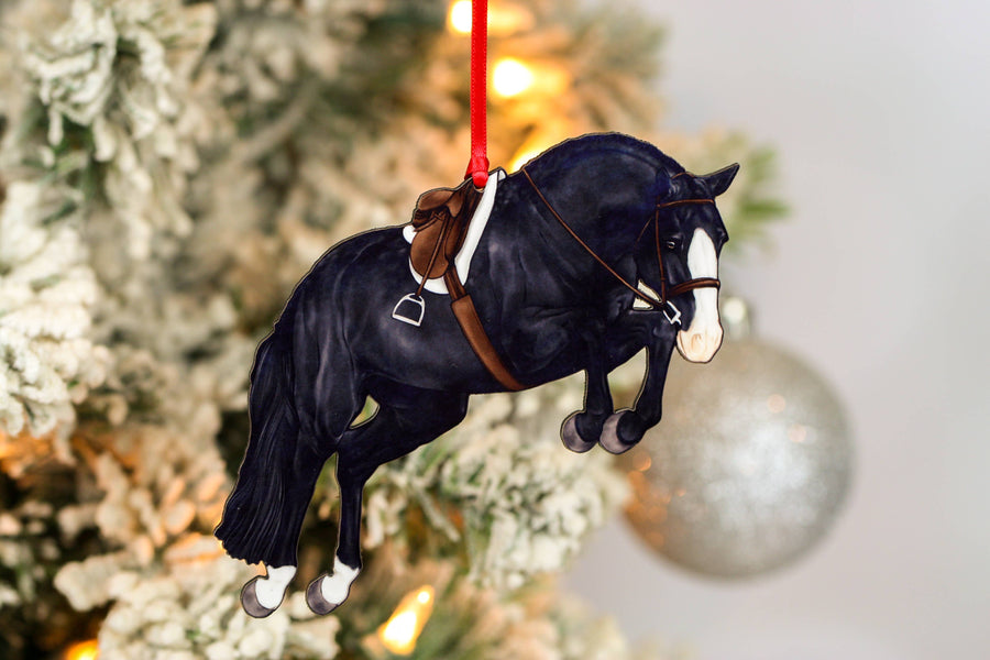 Black hunter jumper sport horse Christmas ornament, laser-cut printed wood by Classy Equine