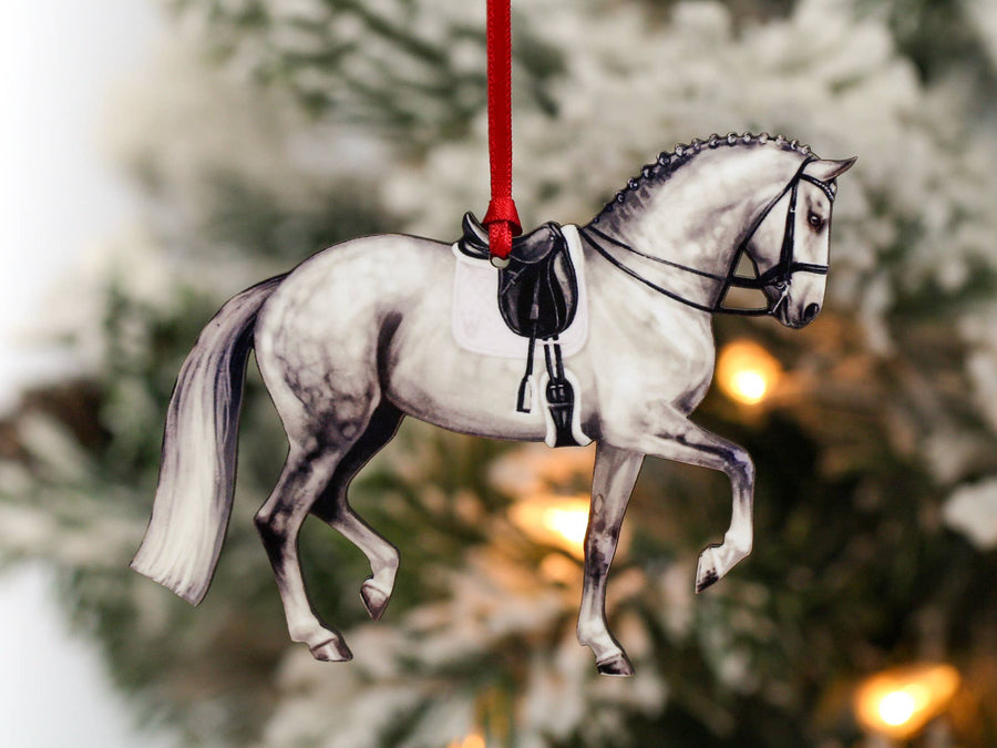 Gray dressage sport horse Christmas ornament, laser-cut printed wood by Classy Equine