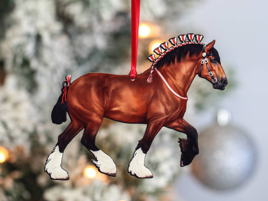 Bay Shire draft horse Christmas ornament, laser-cut printed wood by Classy Equine