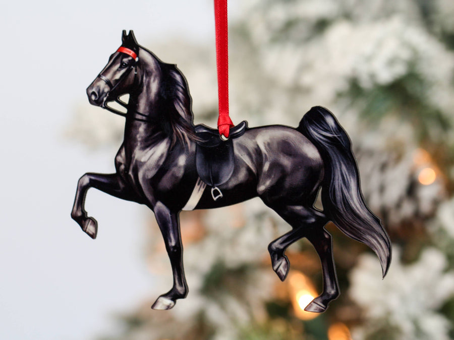 Black Saddlebred saddle seat horse Christmas ornament, laser-cut printed wood by Classy Equine