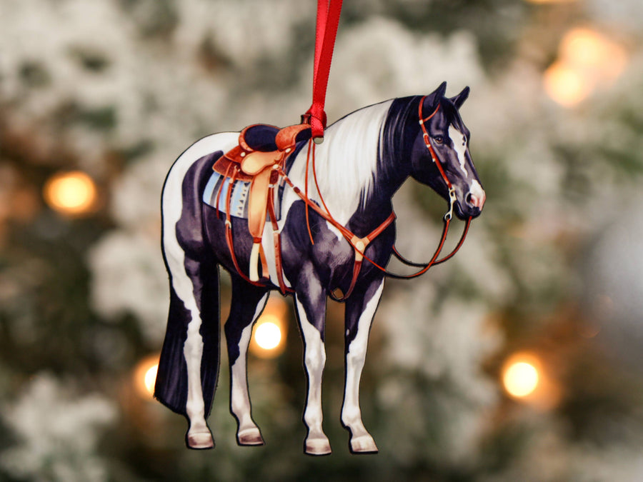 Black and white tobiano western ranch Paint horse Christmas ornament, laser-cut printed wood by Classy Equine