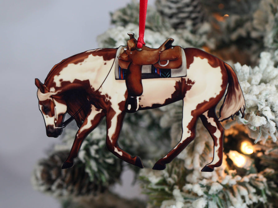Chestnut overo western Paint horse Christmas ornament, laser-cut printed wood by Classy Equine