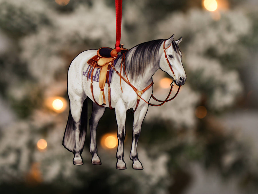 Gray Western ranch Quarter Horse Christmas ornament, laser-cut printed wood by Classy Equine