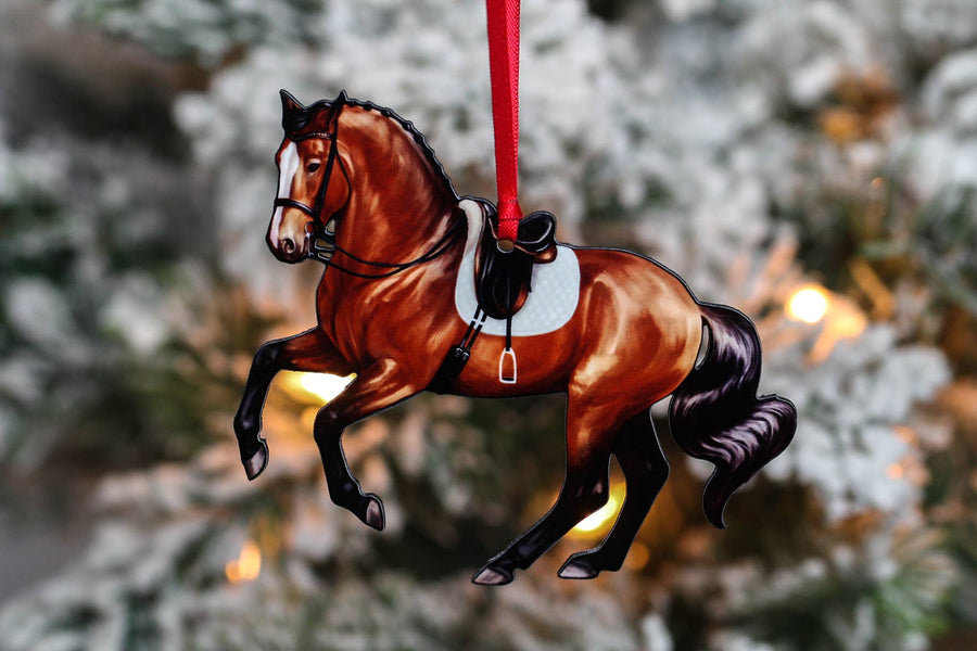 Bay dressage sport horse pirouette Christmas ornament, laser-cut printed wood by Classy Equine