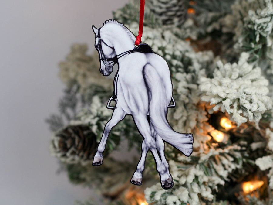 White light gray half pass dressage horse Christmas ornament, laser-cut printed wood by Classy Equine