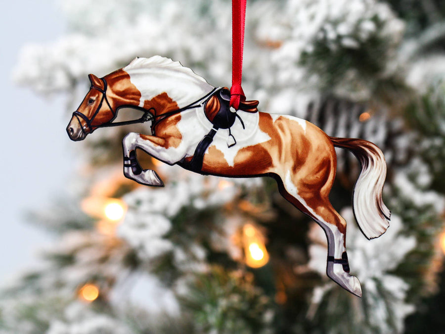 Chestnut and white tobiano hunter jumper horse Christmas ornament, laser-cut printed wood by Classy Equine
