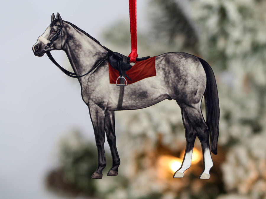 dapple gray Thoroughbred race horse Christmas ornament, laser-cut printed wood by Classy Equine