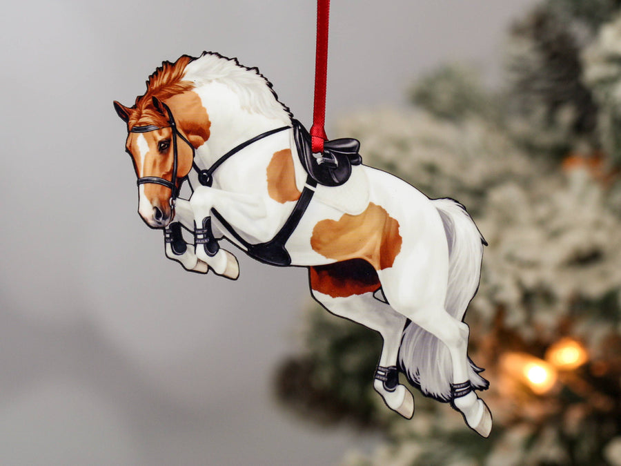 chestnut and white tobiano hunter jumper Christmas ornament, laser-cut printed wood by Classy Equine