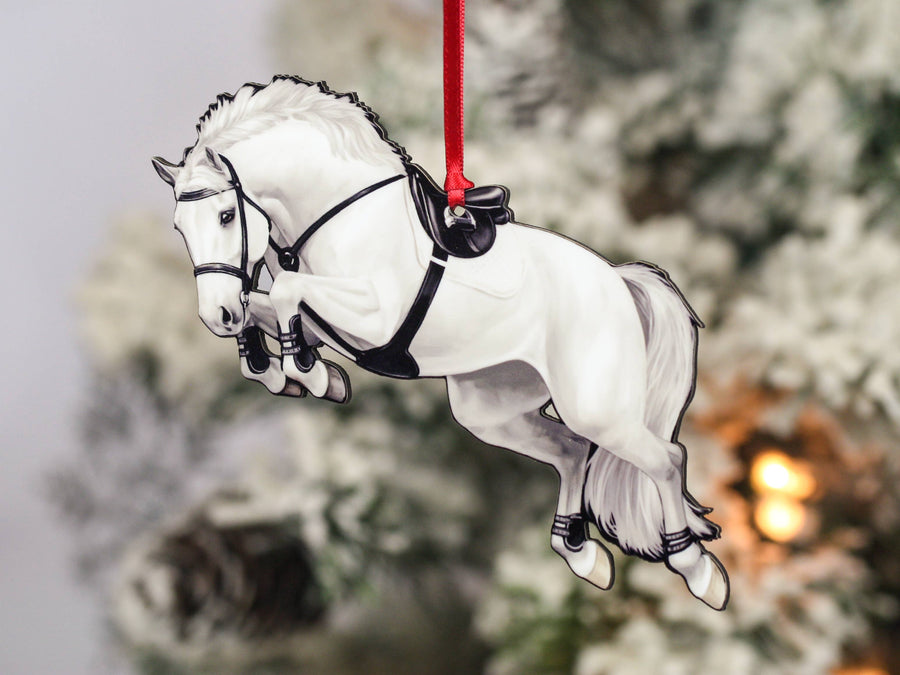 White and light gray hunter jumper horse Christmas ornament by Classy Equine