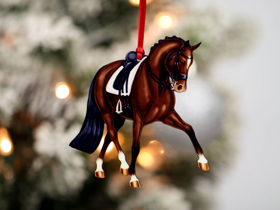 Bay half pass dressage horse Christmas ornament, laser-cut printed wood by Classy Equine