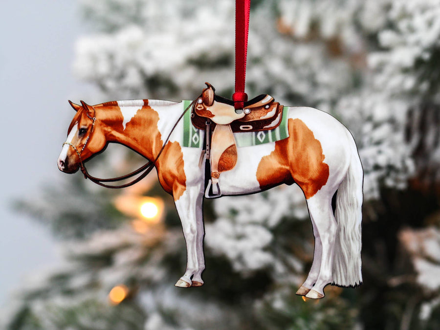 Chestnut and white tobiano Paint Horse western Christmas ornament, laser-cut printed wood by Classy Equine