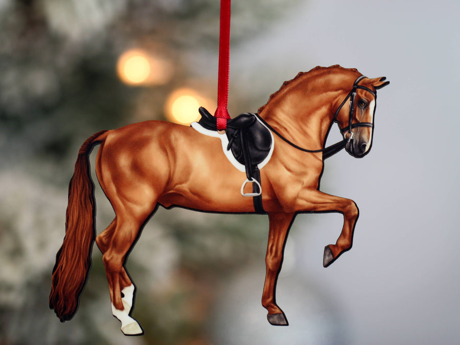 Chestnut Morgan horse Christmas ornament, laser-cut printed wood by Classy Equine