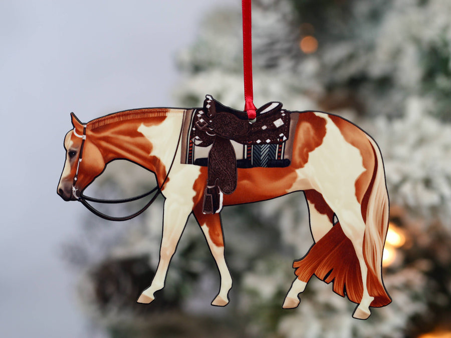 Chestnut tobiano Paint Horse western pleasure Christmas ornament, laser-cut printed wood by Classy Equine