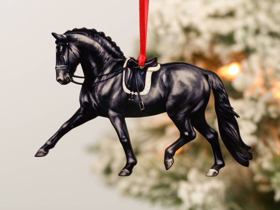 Black dressage horse Christmas ornament, laser-cut printed wood by Classy Equine