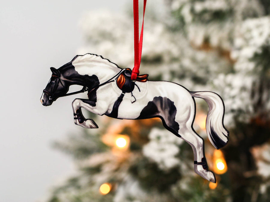 Black and white tobiano hunter jumper horse Christmas ornament, laser-cut printed wood by Classy Equine